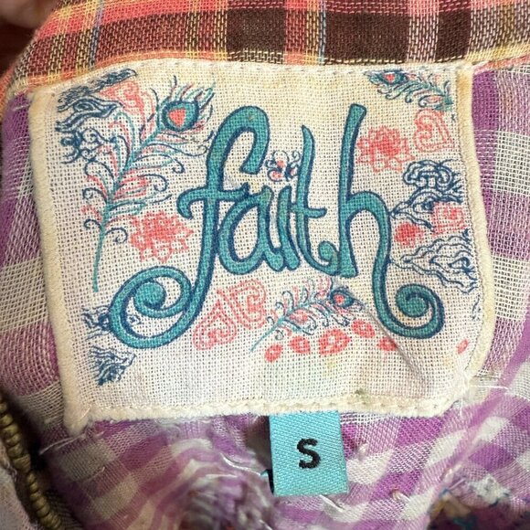 Patchwork Plaid Embroidered Sequin Top Shirt Button Down Purple Small - Picture 6 of 10